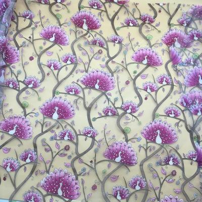 China 2020 Hot New Design French Tulle Peacock Embroidery Lace Fabric Viable With Rhinestone for sale