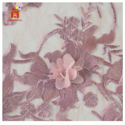 China HLS204 #Latest design 3d flower applique fabric lace dress pattern hand embroidery breathable chiffon fabric for sale