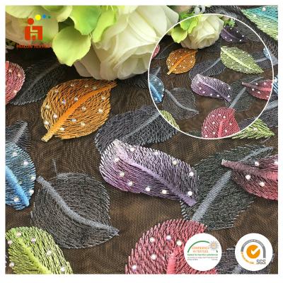 China Anti-Static Design with Leaves in Multicolor Tulle Embroidery Fabric with Hot Rhinestones for sale