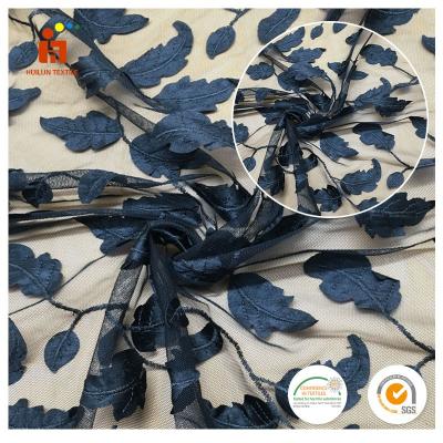 China Breathable China Suppliers Black Leaf Design Lace Mesh Embroidery Fabric For Lady Dress for sale