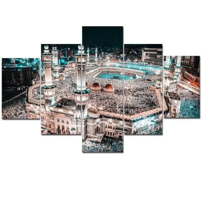 China Waterproof 5 Panel Large Mecca Sacred Religious Architecture Print Muslim Islamic Painting Canvas Wall Art for sale