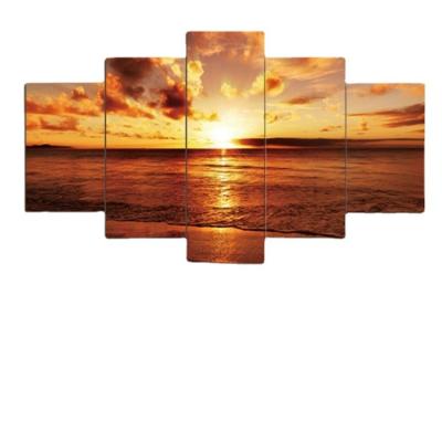 China Wholesale Custom Waterproof Sunset Landscape Ocean Pictures Posters And Prints 5 Panel Canvas Paintings for sale