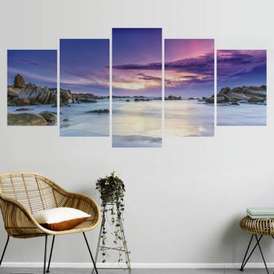 China Waterproof Beach Sunset 5 Panel Stretched HD Printed Canvas For Wall Painting Home Decorations for sale