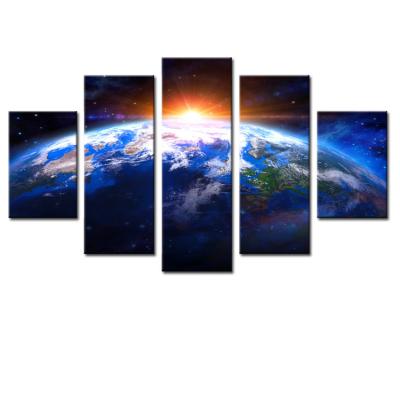 China Waterproof 5 Piece Wall Art Painting Modern Decorative Outer Space Earth Canvas Painting Print Custom for sale