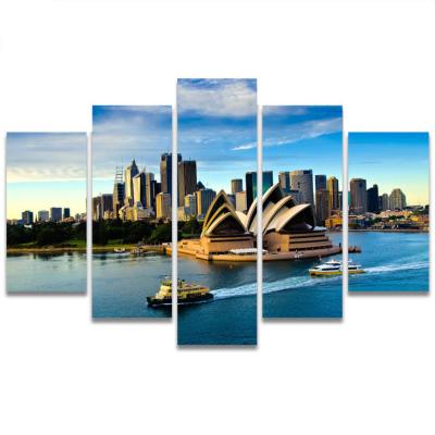 China Modern Sydney Opera House Harbor Bridge Waterproof Landscape Artwork Canvas Print Painting Wall Art 5 Panels for sale