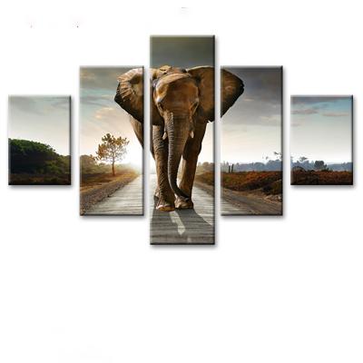 China Decorative Popular Wall Art Canvas For Painting Waterproof Picture Canvas Artwork 5 Panel Elephant Wall Art for sale