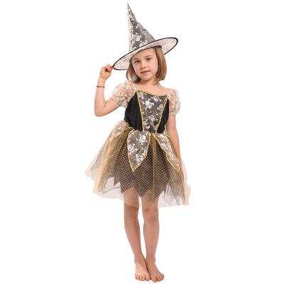 China Halloween Party Costume Kids Clothes Short Sleeve Tulle Witch Girl Performance Dress With Hat for sale