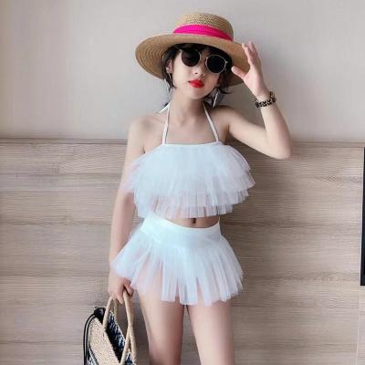 China 2021 Popular Soft POLYESTER/COTTON Summer Kids Swimwear Set Suspender Top and 2pcs Tulle Skirt Baby Swimsuit for sale