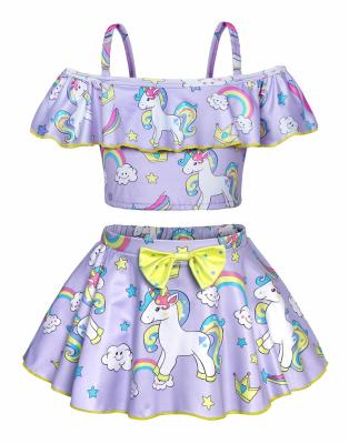 China Soft POLYESTER/COTTON Fashion Kids Beach Summer Suuspender Top+Skirt 2pcs Unicorn Baby Girl Swimsuit Swimwear for sale