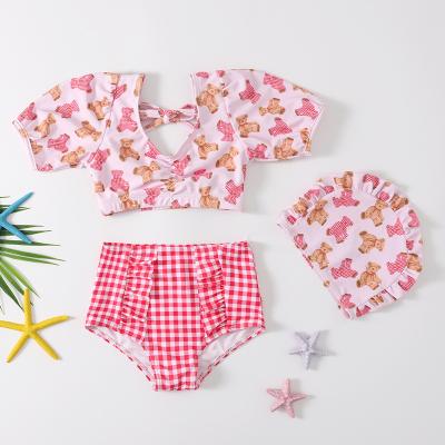 China Latest POLYESTER/COTTON Princess Kids 3pcs Swimwear Summer Breath Sleeve Top+Shorts+Hat Print Soft Baby Swimwear for sale