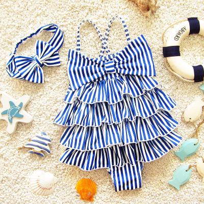 China New Baby Swimsuit Summer Kids One Piece Strap Striped Princess Girl One Piece Swimwear With Headband for sale