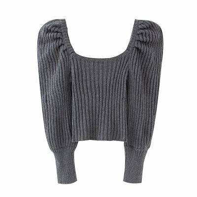 China 2021 Newest Spring Breathable Ladies Tops Autumn Puff Sleeve Cotton Knitted Solid Color Fashion Women Pullover Sweater for sale