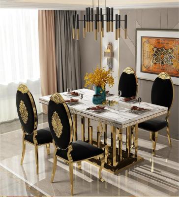 China With shell trimming Modern Luxury Gold Stainless Steel Dining Table Dining Room Furniture 8 People Dining Table And Chairs With Marble Top For Sale for sale