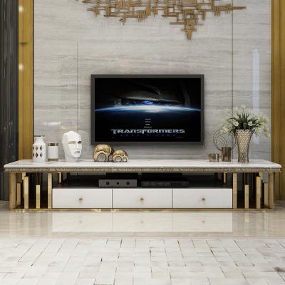 China Storage Modern Luxury Stainless Steel Goden Framed Tv Stand White Marble Top Living Room Tv Cabinet With White Painted Drawer For Home for sale