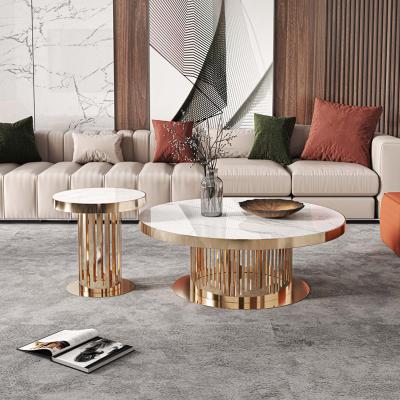 China Modular Luxurious Living Room Low Height Center Table Golden Stainless Steel Coffee Table Set Of 2 With Artificial Marble Top For Home for sale