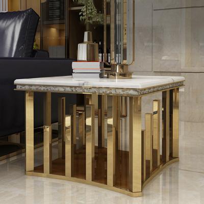 China Artificial mable Square Shaped Living Room Sofa Corner Table Golden Stainless Steel Framed Side Table End Table For Home Hotel for sale