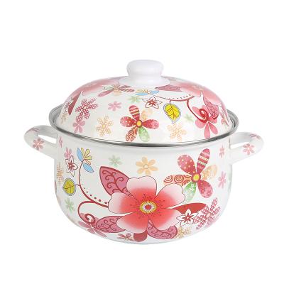 China Sustainable Japanese Style Soup Pot Enamel Flower Pattern Enamel Cooking Pot Set On Sale for sale