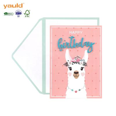 China Custom Luxury Handmade Animal Pink Glitter Design Europe Printing Happy Birthday Paper Greeting Cards for sale