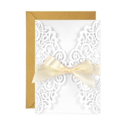 China America Laser Cut Lace Wedding Invitation Cards Designs Custom Luxury Wedding Cards with Envelopes and Ribbon for sale