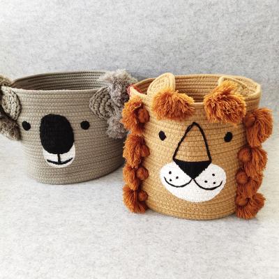 China Baby Sustainable Animal Round Laundry Basket Rope Cotton Pattern Cartoon Woven Basket For Throw Toy for sale