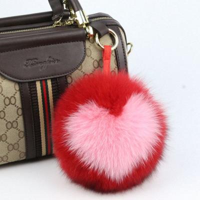 China Fox Fur Pom Poms Key Chain Newest Design Bag Heart Charm Fox Pattern Fluffy Real Fur Pompoms for sale