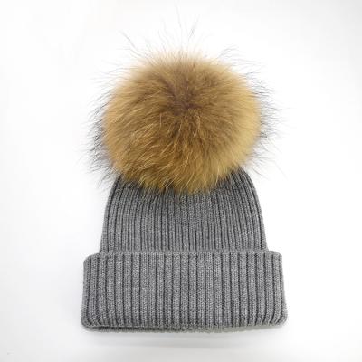 China KAZUFUR COMMON Winter Merino Warm Unisex 100% Wool Beanie Hat With Real Fur Pom Pom Beanie for sale