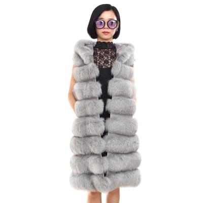 China Breathable Real Fox Fur Vest With Big Fur Hood Winter Women Fur Hooded Vest for sale