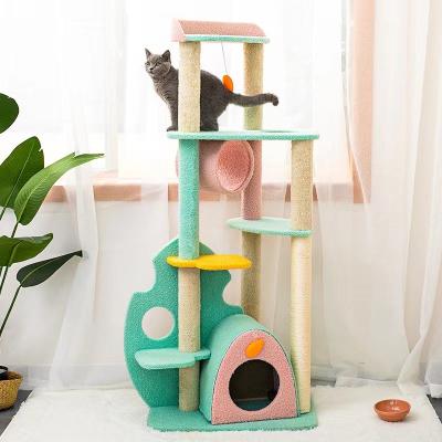 China Morden Stocked Large Scratcher Cat Tree Tower Sisal Big Rising Post Wood Cat Toy Bed House for sale