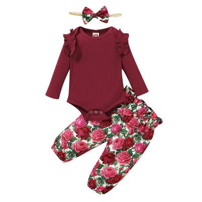 China Other Autumn Winter Girls Boutique Clothing Cotton Long Sleeve Romper Pants + Hair Band 3pcs Baby Clothes Sets for sale