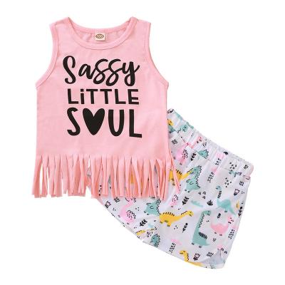 China Other Pink Fashion Summer Kids Clothing New Letter Printed Vest Dinosaur Print Shorts Girls Clothes Two Piece Set for sale