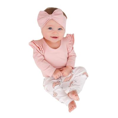 China Other New Toddler Bron Long Sleeve Jumpsuit Flamingo Pattern Pants And Hair Band 3pcs Light Pink Baby Clothing Set for sale