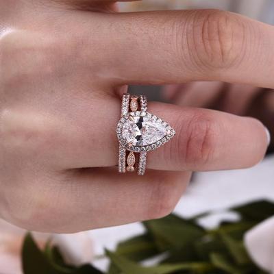 China Factory Direct Sale 925 CLASSIC Silver Ring Rose Gold Sona Simulated Pear Design Cut Water Drop Row Diamond Ring for sale