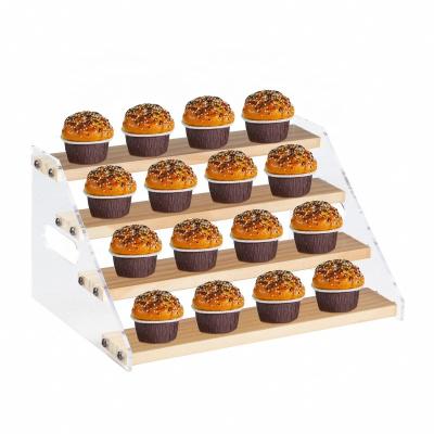 China Custom AmoyGlong Pine+Acrylic 4 Tiers Display Rack Shelf Riser For Pop Figures Bread Display Stand Acrylic Wooden Cupcakes Display Stand Counter for sale