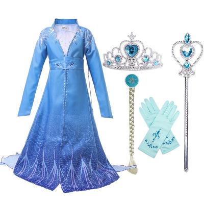 China Soft Material Eco-friendly Elsa Dress Princess Elsa Dress Costumes Girls Birthday Party Fancy Halloween Collection With Cosplay Wig Magic Wand Crown for sale