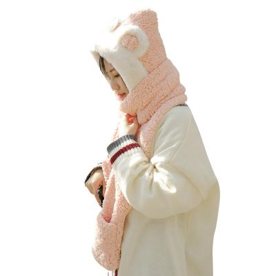 China JOINT Multi Functional Cute Fleece Warm Plush Hat Girls Animal Ear Hat Thickened Warm Lambskin Gloves for sale