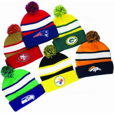 China COMMON Team Gifts Custom Knitted Pompom Beanie Promotion Embroidery Logo Fans Acrylic Hat for sale