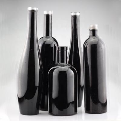 China Glossy Black Glass Liquor 750ml Vodka Painted Bottles Screen Print Gin Closure Liquor Bottle For Sale for sale