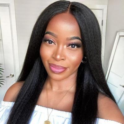 China Cheap Raw Yaki Forcuteu 14 Inch Long Line Swiss Transparent Yaki Kinky Straight Human Virgin Lace Front Hair Wig For Black Woman for sale