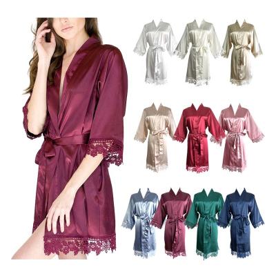 China Wholesale QUICK DRY Solid Color Women's Silk Satin Kimono Robes With Lace Bride Bridesmaid Lace Up Satin Robes For Party for sale