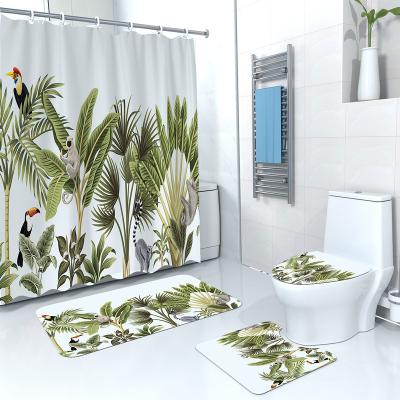 China Stocked Wholesale Tropical Jungle 3D Color Print Bathroom Shower Curtain Non-Slip Four-Piece Custom Set and Bath Mat for sale