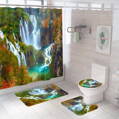 China Factory Customized Stocked Four-Piece Bathroom With Natural Landscape Print Carpet Shower Curtain for sale