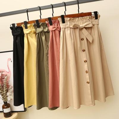 China 2021 Summer Breathable Autumn Elegant Button High Waist Skirts Women's Midi Knee Length Cotton A-Line Skirt for sale