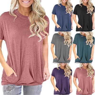 China Viable Loose Round Neck Custom Made Women's Solid Color Short Sleeve T-Shirt With Pocket for sale