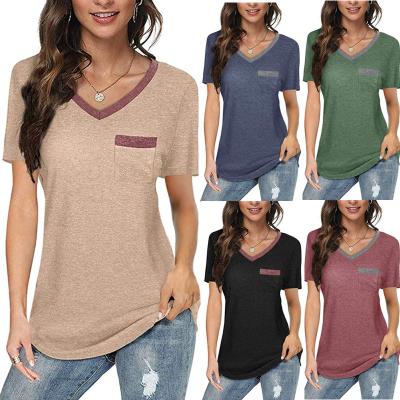 China Solid Color Viable Casual Loose Patchwork T Shirt Ladies Pocket Oversize V-Neck T-Shirt for sale