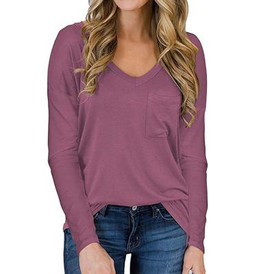 China Solid Color Viable Wholesale V-Neck Pocket T-shirt Ladies Casual Loose Casual Long Sleeve T-shirt for sale