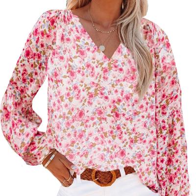 China Women's Floral Chiffon Shirt Plus Size V Neckline Chiffon Blouse Breathable Women's Long Sleeve Chiffon Shirt for sale