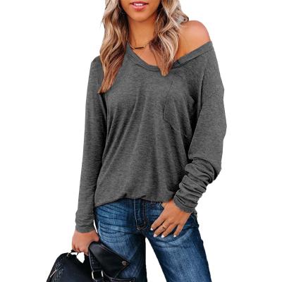 China Viable Women's V-Neck Pocket Casual Loose T-shirt Long Sleeve Solid Color Women's Top T-Shirt for sale