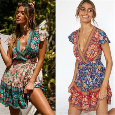 China Viable Hot Selling Ruffle Sleeve Floral Print V-Neck Short Dress Holiday Beach Bohemian Dress for sale