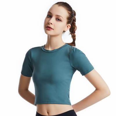 China Breathable High Quality Short Sleeve Fitness Yoga Tops Backless Women Round Collar Yoga Slim Quick Dry T-shirt for sale