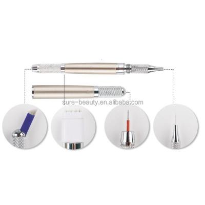 China Permanent 3 Heads Champagne Tattoo Manual Pen Eyebrow Tattoo Tebori Pen For Microblading Needles for sale